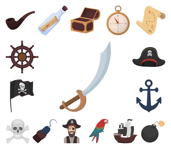 Ícones de desenhos animados pirata, ladrão de mar em coleção de conjuntos para design. Tesouros, atributos símbolo vetorial ilustração web . —  Vetores de Stock