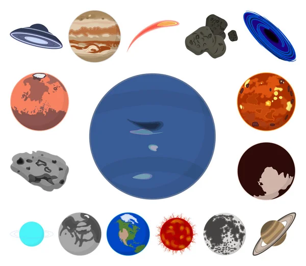 Planetas del sistema solar iconos de dibujos animados en la colección de conjuntos para el diseño. Cosmos y astronomía vector símbolo stock web ilustración . — Vector de stock