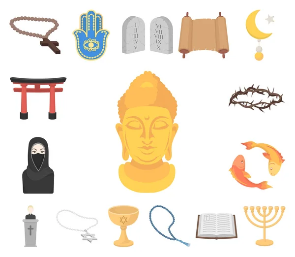 Religión y creencias iconos de dibujos animados en la colección de conjuntos para el diseño. Accesorios, oración vector símbolo stock web ilustración . — Vector de stock