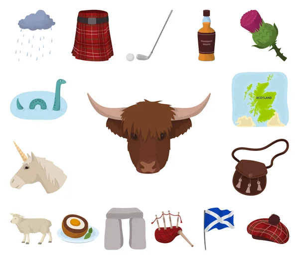 País Ícones de desenhos animados Escócia na coleção de conjuntos para design. Visitas guiadas, cultura e tradição símbolo vetorial ilustração web . — Vetor de Stock