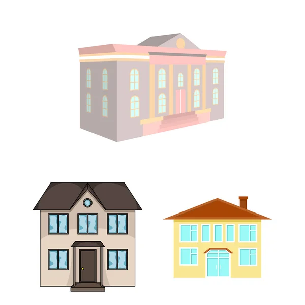 Vector εικονογράφηση του κτιρίου και η πόλη λογότυπο. Σύνολο του κτηρίου και σύγχρονου εικονίδιο του φορέα σε απόθεμα. — Διανυσματικό Αρχείο