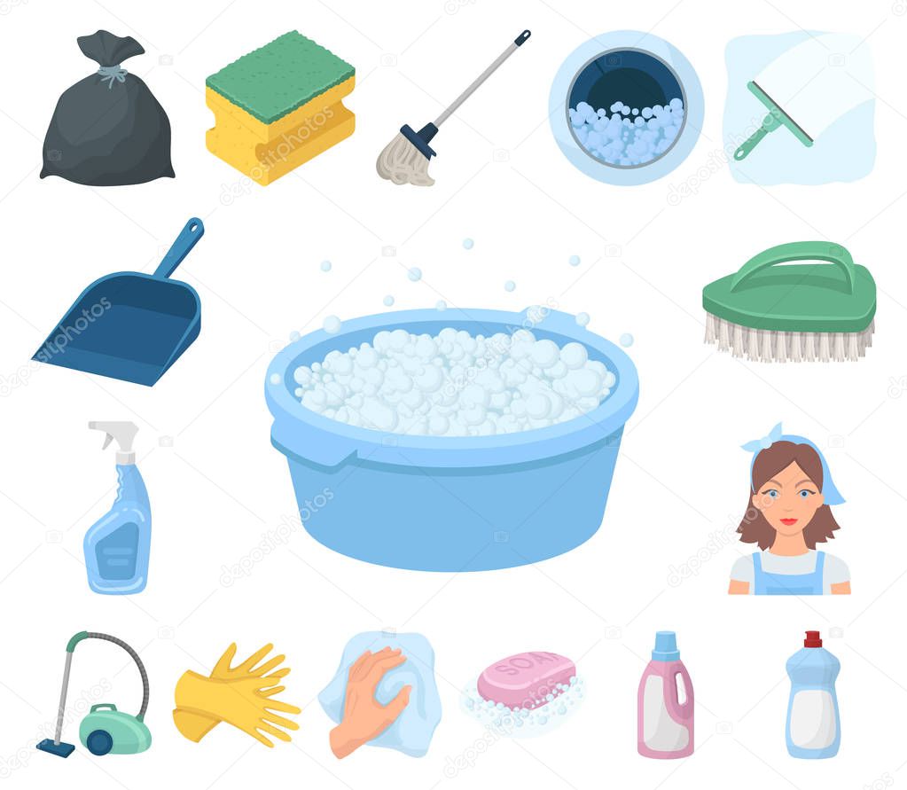 Cleaning and maid cartoon icons in set collection for design. Equipment for cleaning vector symbol stock  illustration.