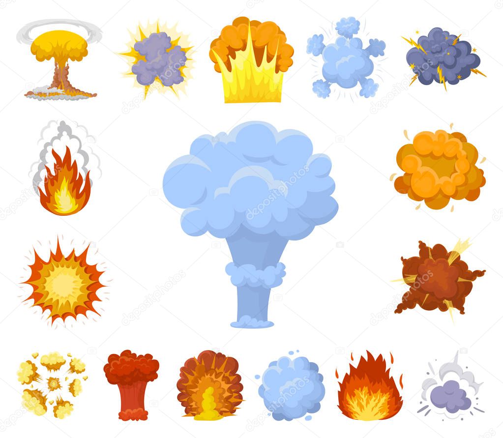 Different explosions cartoon icons in set collection for design.Flash and flame vector symbol stock  illustration.