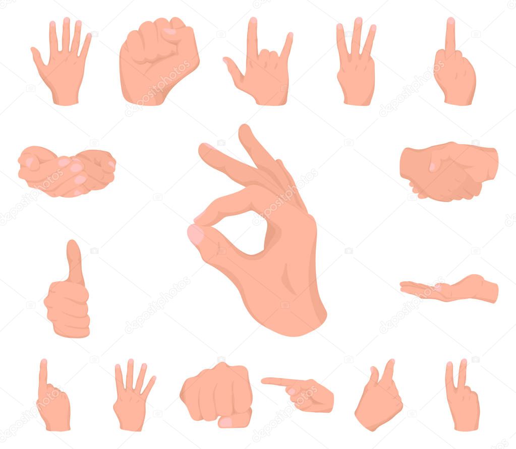 Hand gesture cartoon icons in set collection for design. Palm and finger vector symbol stock web illustration.