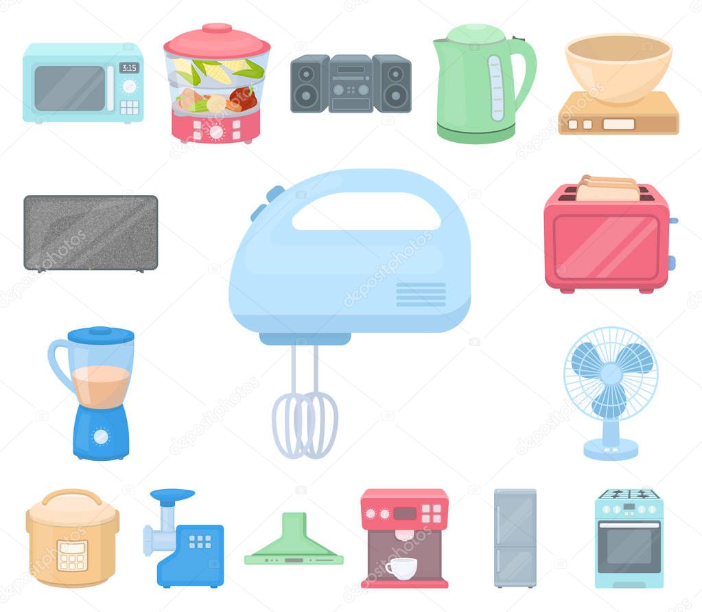 Types of household appliances cartoon icons in set collection for design.Kitchen equipment vector symbol stock  illustration.