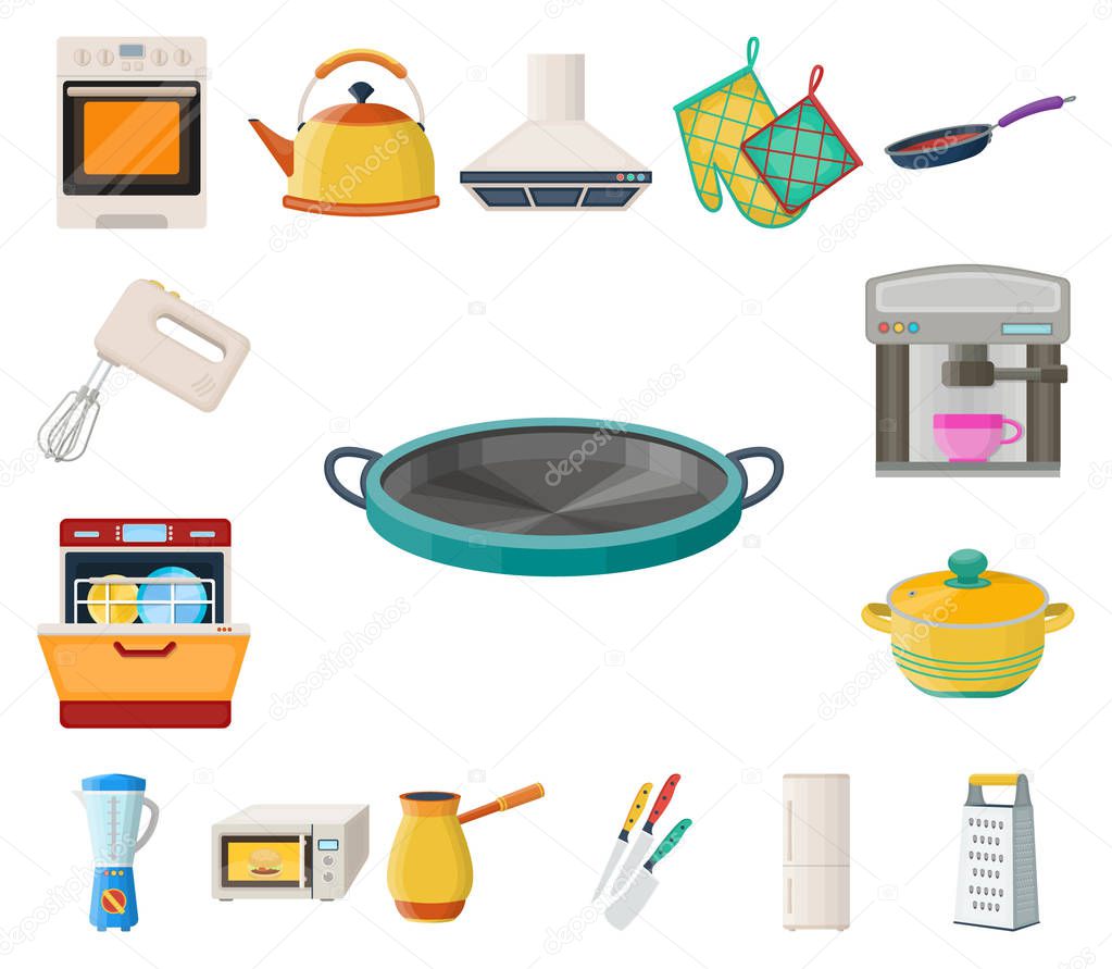 Kitchen equipment cartoon icons in set collection for design. Kitchen and accessories vector symbol stock  illustration.