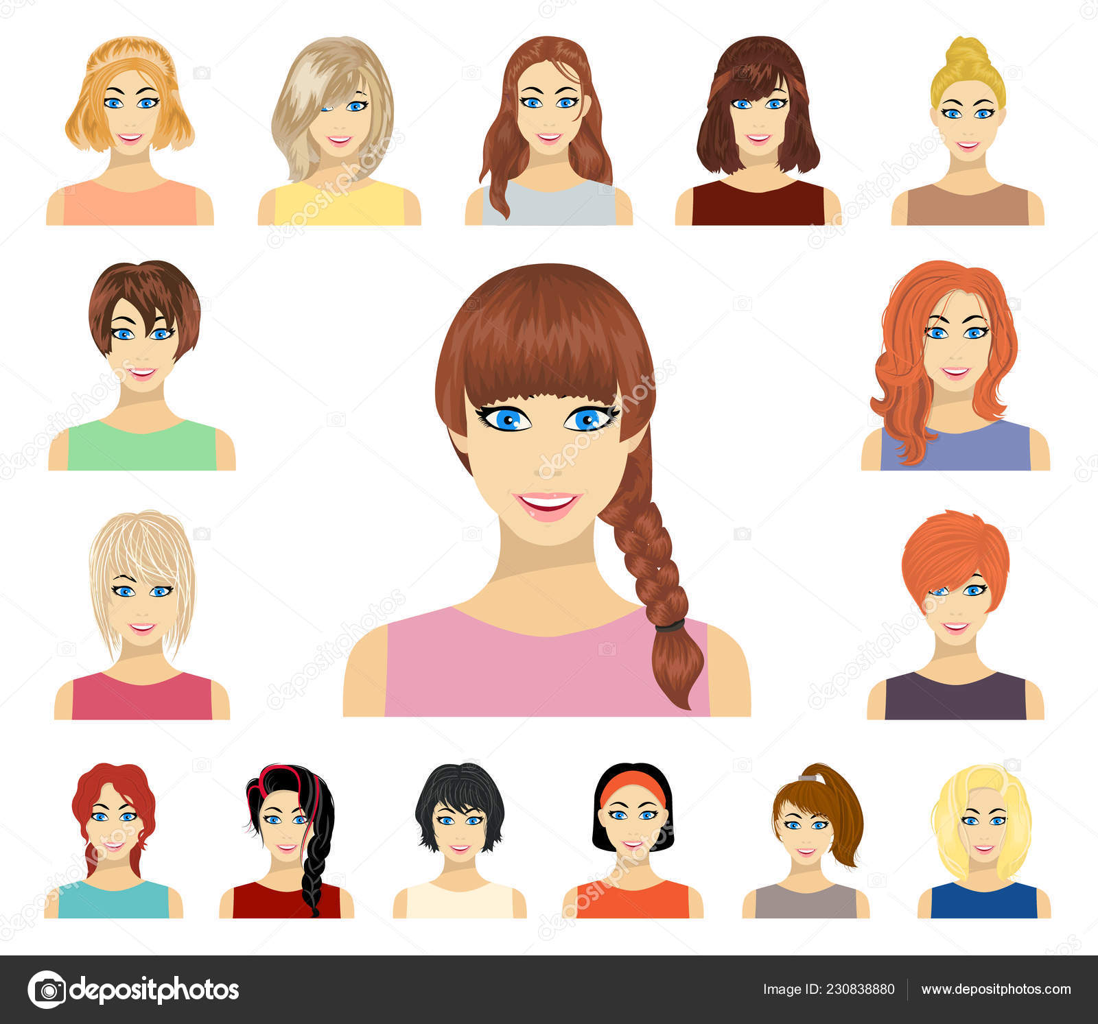Types Of Female Hairstyles Cartoon Icons In Set Collection