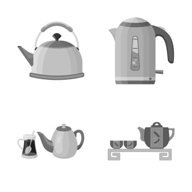 Kettle ve çay logo vektör Illustration. Su ısıtıcısı ve elektrik hisse senedi vektör çizim.