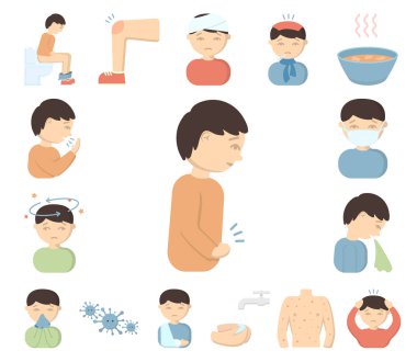 Set koleksiyonu tasarım için hasta adam karikatür simgeler. Hastalık ve tedavi sembol stok web illüstrasyon vektör.