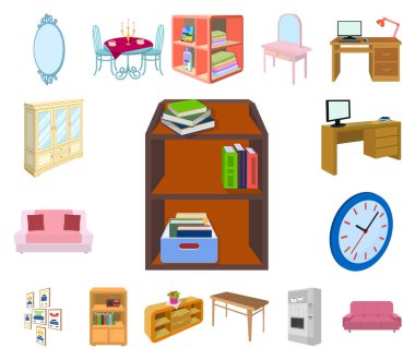 Mobilya ve iç karikatür simgeleri set koleksiyonu tasarım için. Ev mobilyası izometrik sembol stok web illüstrasyon vektör.