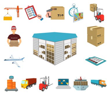 Set koleksiyonu tasarım için lojistik ve teslimat karikatür simgeler. Taşıtlar ve donatımı izometrik vektör simge stok web çizim.