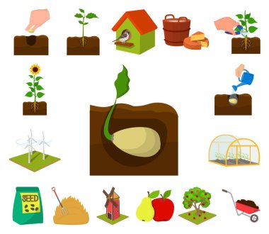 Set koleksiyonu tasarım için çiftlik ve tarım karikatür simgeler. Bahçe ve bitki izometrik vektör simge stok web çizim.