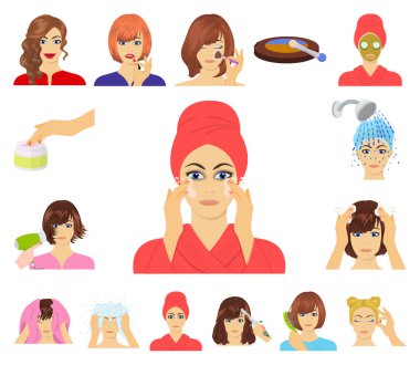 Saç Bakımı ve set koleksiyonu tasarım için karikatür simgeleri bak. Makyaj ve parfüm sembol stok illüstrasyon vektör.