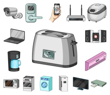 Akıllı ev aletleri set koleksiyonu tasarım için simgeleri karikatür. Modern ev aletleri sembol stok web illüstrasyon vektör.