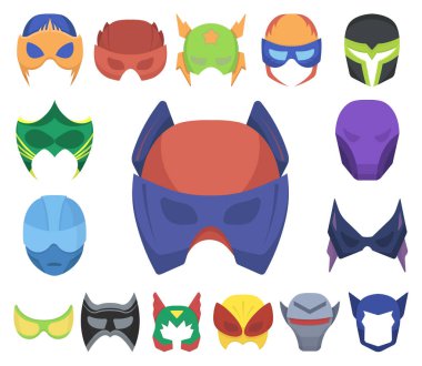 Karnaval maskesi karikatür simgeleri set koleksiyonu tasarım için. Göz ve yüz vektör simge stok web illüstrasyon maske.