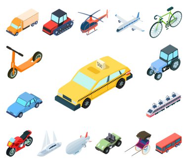 Different types of transport cartoon icons in set collection for design. Car and ship isometric vector symbol stock web illustration. clipart