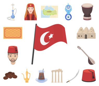 Türkiye'nin ülke çizgi film set koleksiyonu tasarım için simgeler. Sembol stok illüstrasyon vektör seyahat ve konumlar.