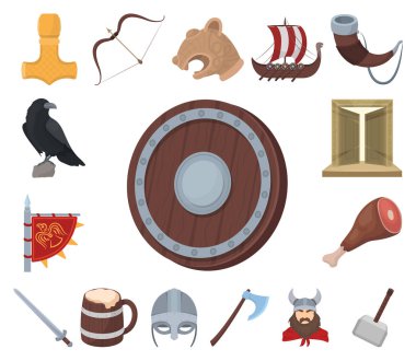 Vikingler ve öznitelikleri set koleksiyonu tasarım için simgeleri karikatür. Eski İskandinav savaşçı vektör simge stok çizim.