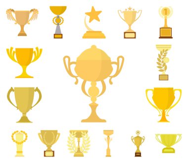 Set koleksiyonu tasarım için Gold Cup çizgi film simgeler. Kazananlar Kupası vektör simge stok web çizim.