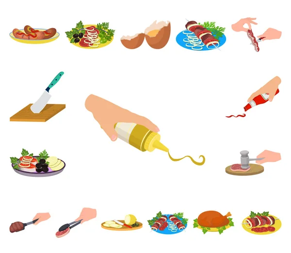 Cocinar alimentos iconos de dibujos animados en la colección de conjuntos para el diseño. Cocina, equipo y herramientas vector símbolo stock web ilustración . — Vector de stock