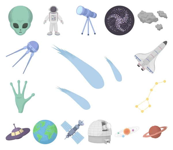 Iconos de dibujos animados de tecnología espacial en la colección de conjuntos para el diseño. nave espacial y equipo vector símbolo stock web ilustración . — Vector de stock