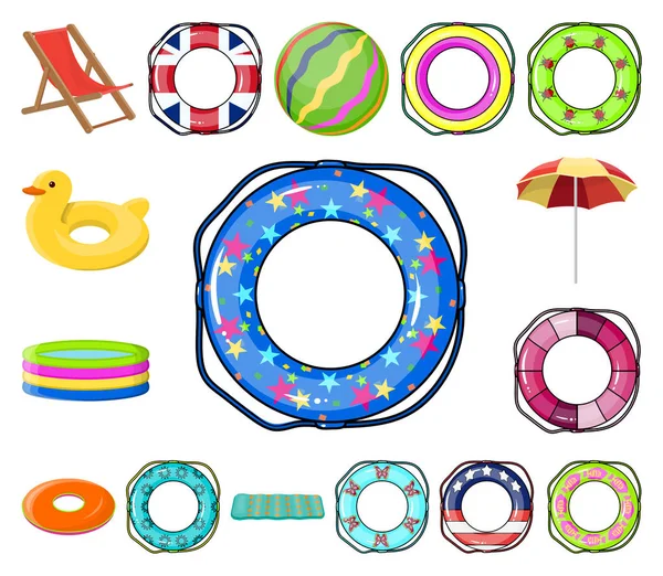 Ícones de desenhos animados de círculo de natação multicoloridos na coleção de conjuntos para design. Ilustração diferente da teia do estoque do símbolo do vetor de lifebuoys . — Vetor de Stock