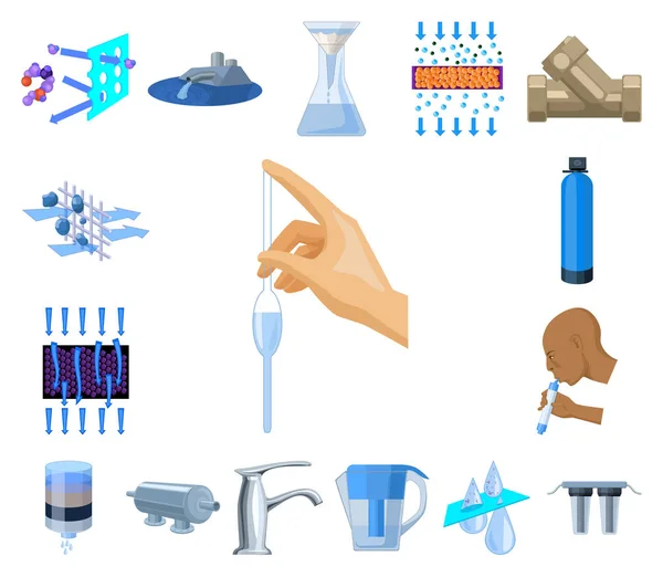 Ícones de desenhos animados do sistema de filtragem de água na coleção de conjuntos para design. Equipamento de limpeza símbolo vetorial ilustração web . — Vetor de Stock