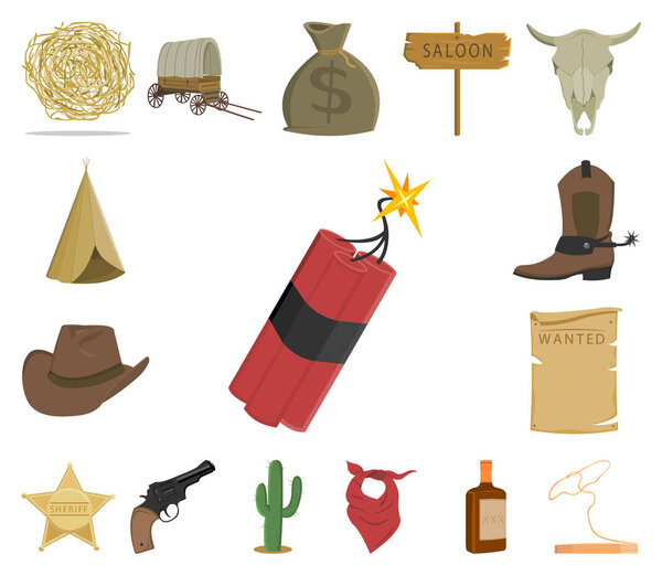 Attributes of the wild west cartoon icons in set collection for design.Texas and America vector symbol stock web illustration.