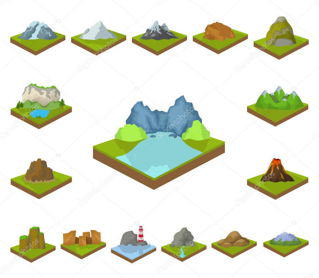 Mountains, massive cartoon icons in set collection for design. The surface of the earth vector isometric symbol stock  illustration.