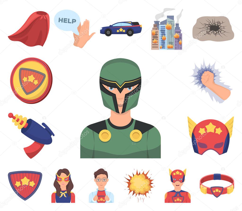 A fantastic superhero cartoon icons in set collection for design. Superheros equipment vector symbol stock web illustration.