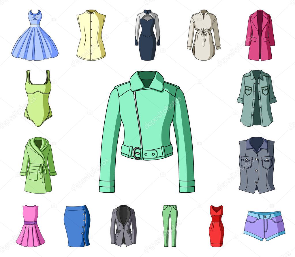 Womens Clothing cartoon icons in set collection for design.Clothing Varieties and Accessories vector symbol stock web illustration.