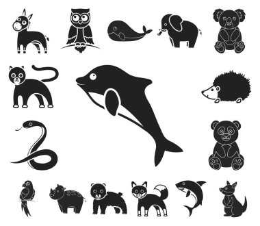 Bir gerçekçi olmayan hayvan siyah simgeler set koleksiyonu tasarım için. Oyuncak hayvanlar sembol stok web illüstrasyon vektör.