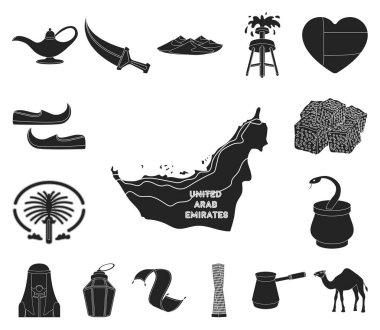 Ülke Birleşik Arap Emirlikleri siyah set koleksiyonu tasarım için simgeler. Turizm ve cazibe simge stok web illüstrasyon vektör.