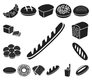 Tip-in siyah simgeler set koleksiyonu tasarım için ekmek. Pastane sembol stok web illüstrasyon vektör.