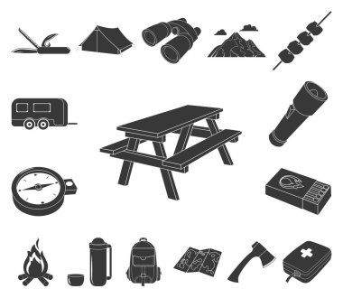 Siyah kamp Icons set koleksiyonu tasarım için bekletin. Kamp ve ekipman sembol stok web illüstrasyon vektör.
