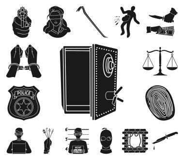 Suç ve ceza set koleksiyonu tasarım için simgeler siyah. Suç vektör simge stok web çizim.