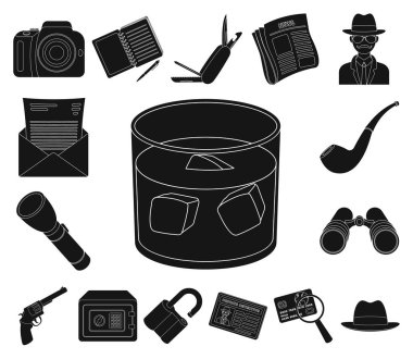 Set koleksiyonu tasarım için simgeler siyah dedektif ve öznitelikleri. Dedektif ajansı vektör simge stok web çizim.