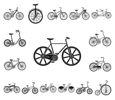 Çeşitli Bisiklet set koleksiyonu tasarım için simgeler siyah. Ulaşım vektör simge stok örnek tür.