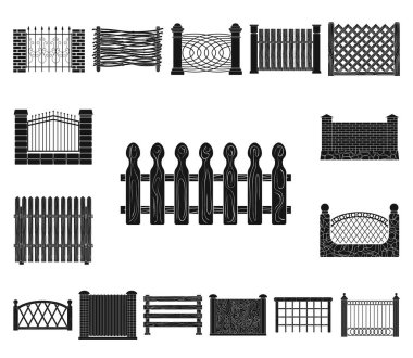 Set koleksiyonu tasarım için farklı çit siyah simgeler. Dekoratif eskrim sembol stok web illüstrasyon vektör.