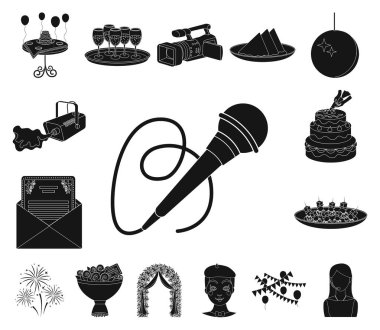 Set koleksiyonu tasarım için olay organizasyon siyah simgeler. Kutlama ve öznitelikleri sembol stok web illüstrasyon vektör.