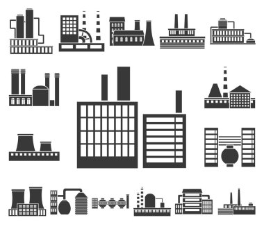 Fabrika ve tesisleri set koleksiyonu tasarım için simgeler siyah. Sembol stok illüstrasyon vektör fabrikası ve donanımları.