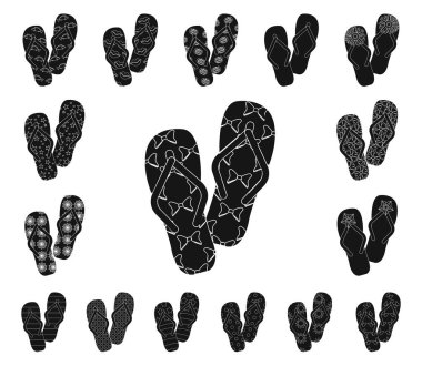 Parmak arası terlik set koleksiyonu tasarım için simgeler siyah. Beach ayakkabı sembol stok web illüstrasyon vektör.