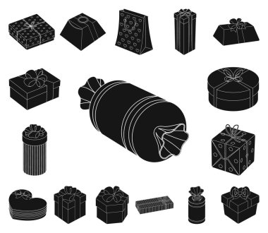 Hediye ve set koleksiyonu tasarım için siyah simgeler ambalaj. Renkli ambalaj sembol stok web illüstrasyon vektör.