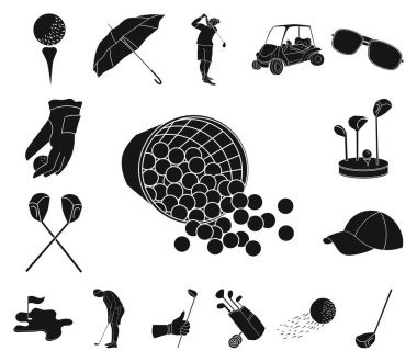Set koleksiyonu tasarım için simgeler siyah Golf ve öznitelikleri. Golf Kulübü ve ekipman sembol stok web illüstrasyon vektör.