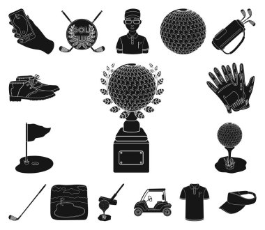 Set koleksiyonu tasarım için simgeler siyah Golf ve öznitelikleri. Golf Kulübü ve ekipman sembol stok web illüstrasyon vektör.