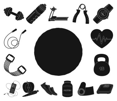 Spor salonu ve set koleksiyonu tasarım için eğitim siyah simgeler. Spor salonu ve ekipmanları sembol stok web illüstrasyon vektör.