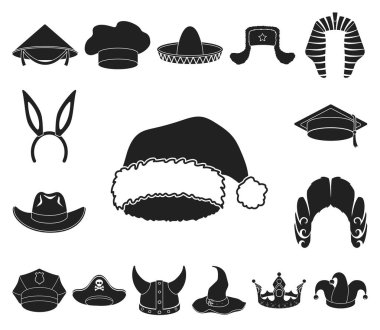 Şapka çeşitleri set koleksiyonu tasarım için simgeler siyah. Headdress vektör simge stok web çizimi.