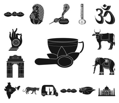 Set koleksiyonu tasarım için ülke Hindistan siyah simgeler. Hindistan ve dönüm noktası sembol stok web illüstrasyon vektör.