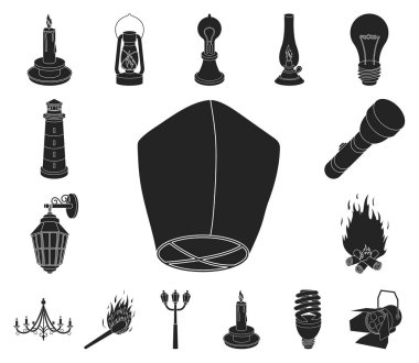 Set koleksiyonu tasarım için ışık kaynağı siyah simgeler. Işık ve ekipman sembol stok web illüstrasyon vektör.