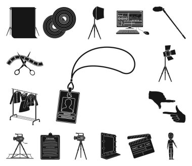 Bir film siyah simgeler set koleksiyonu tasarım için yapma. Öznitelikleri ve ekipman sembol stok web illüstrasyon vektör.